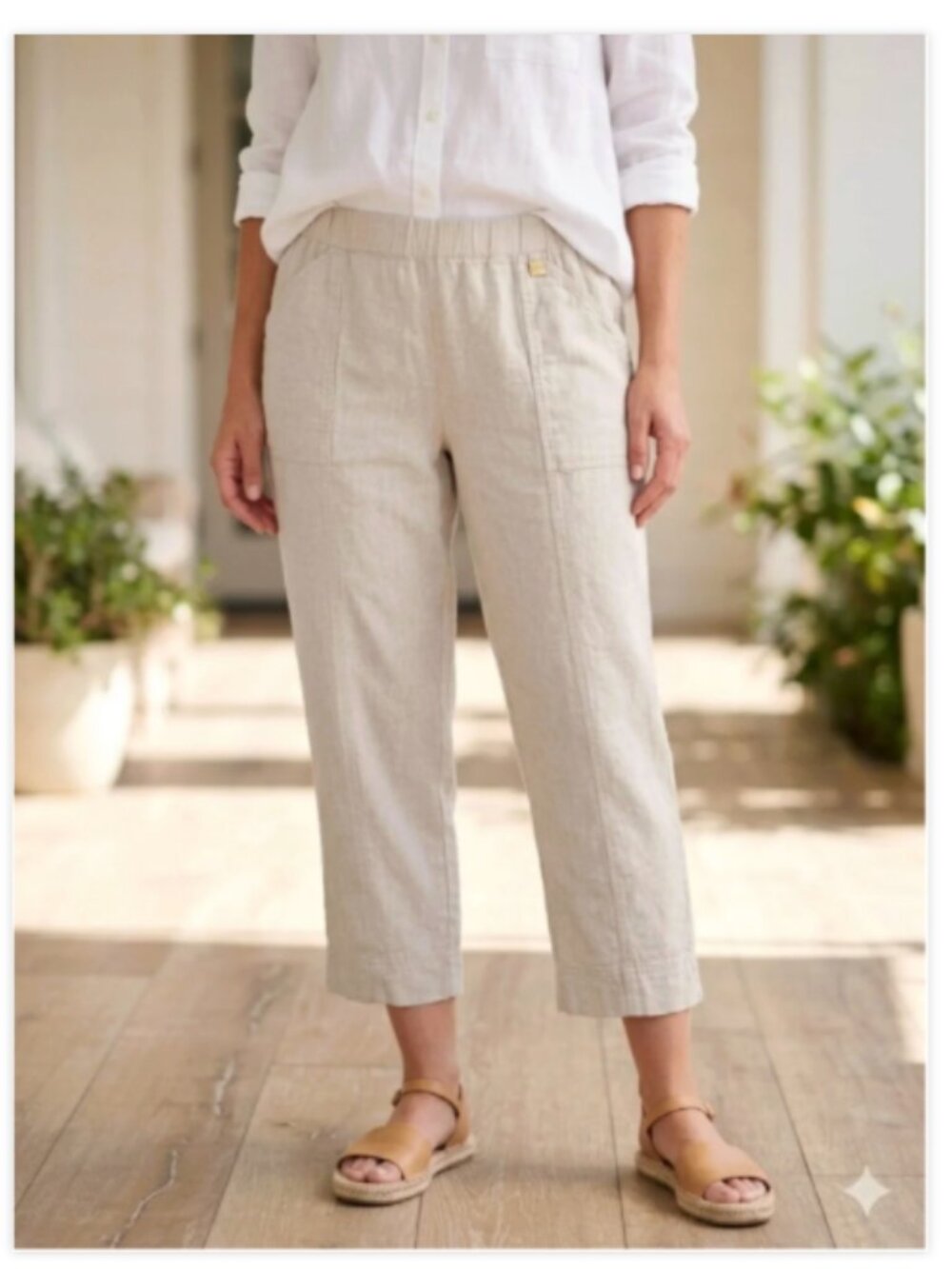 Ellen Tracy Cropped Linen Pull On Pants Women M Beige Relaxed Tapered Coastal
